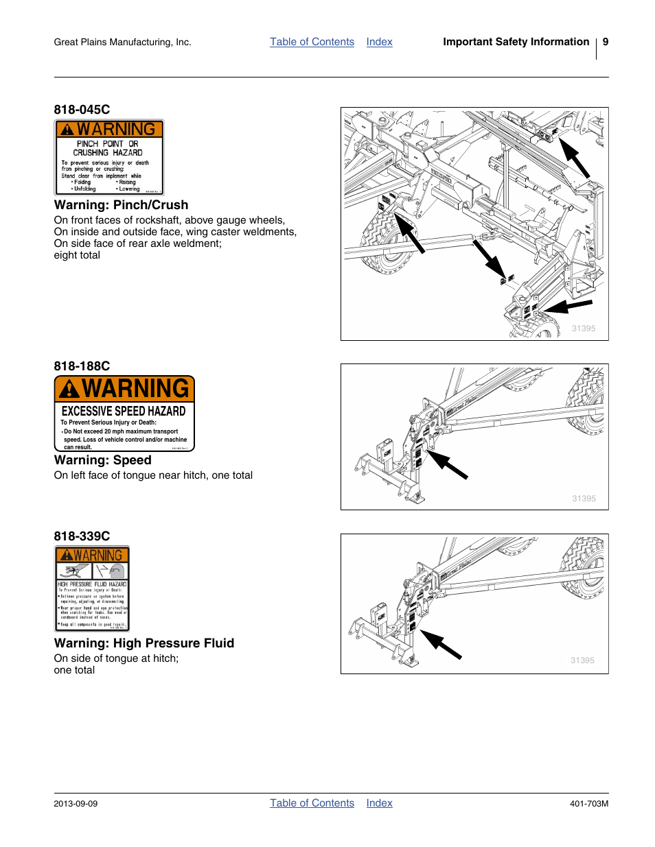 045c warning: pinch/crush, 188c warning: speed, 339c warning: high pressure fluid | Warning, Excessive speed hazard | Great Plains YP3025 Operator Manual User Manual | Page 13 / 192