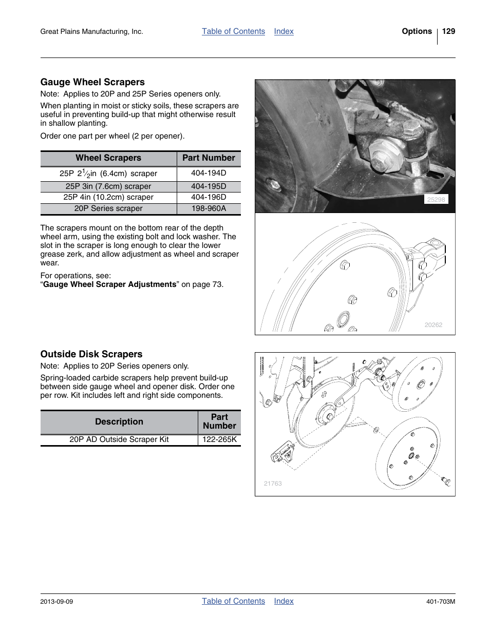 Gauge wheel scrapers, Outside disk scrapers | Great Plains YP3025 Operator Manual User Manual | Page 133 / 192