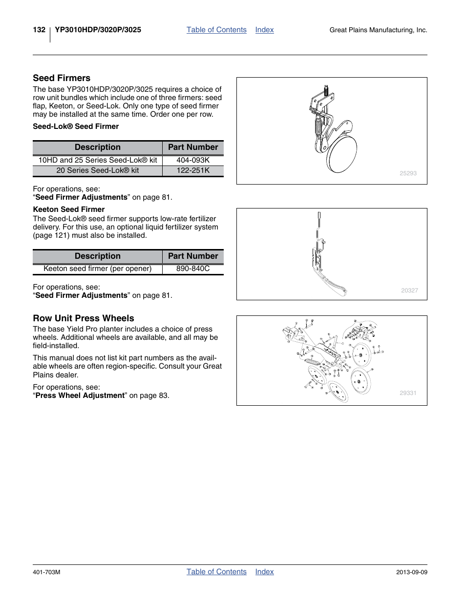 Seed firmers, Seed-lok® seed firmer, Keeton seed firmer | Row unit press wheels | Great Plains YP3025 Operator Manual User Manual | Page 136 / 192