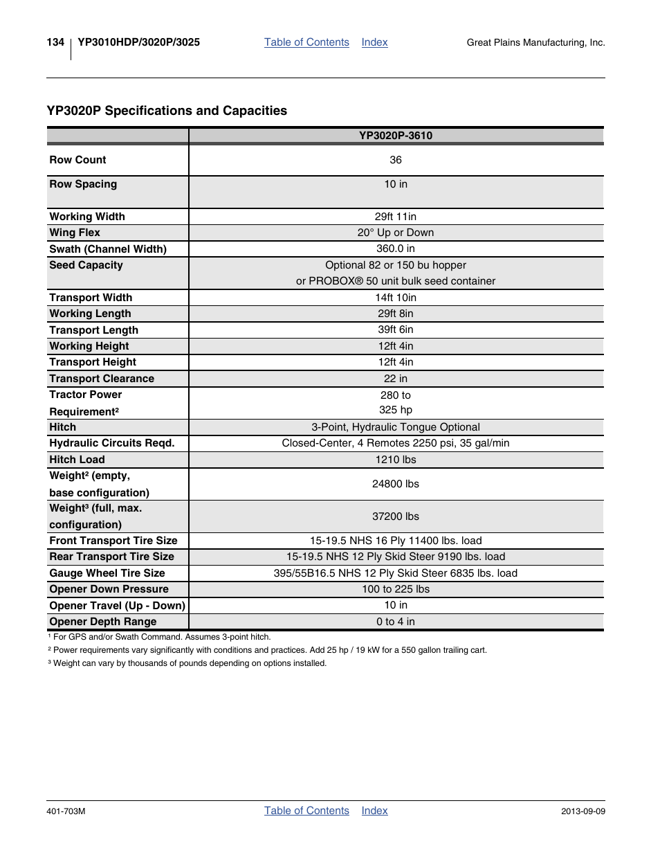 Yp3020p specifications and capacities | Great Plains YP3025 Operator Manual User Manual | Page 138 / 192