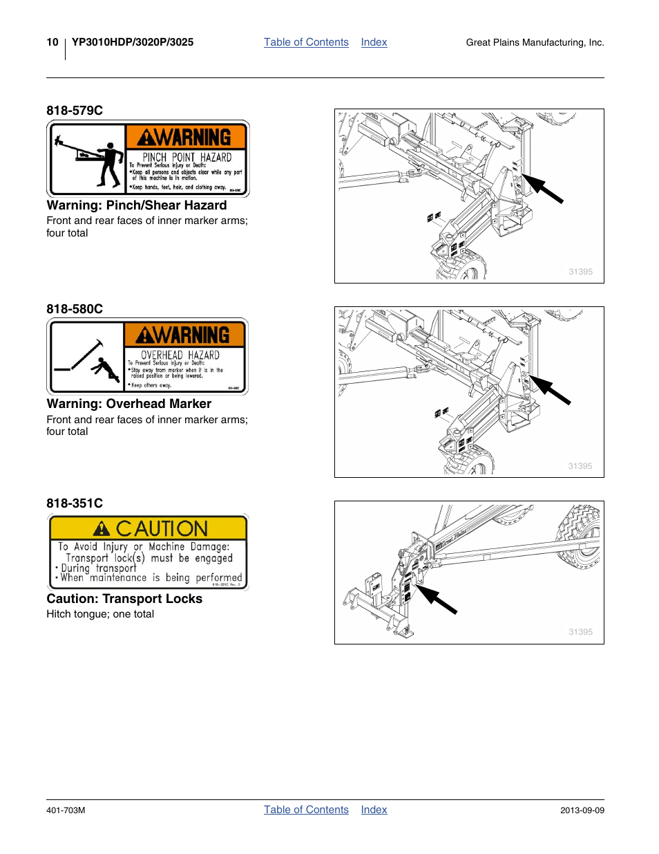 579c warning: pinch/shear hazard, 580c warning: overhead marker, 351c caution: transport locks | Great Plains YP3025 Operator Manual User Manual | Page 14 / 192