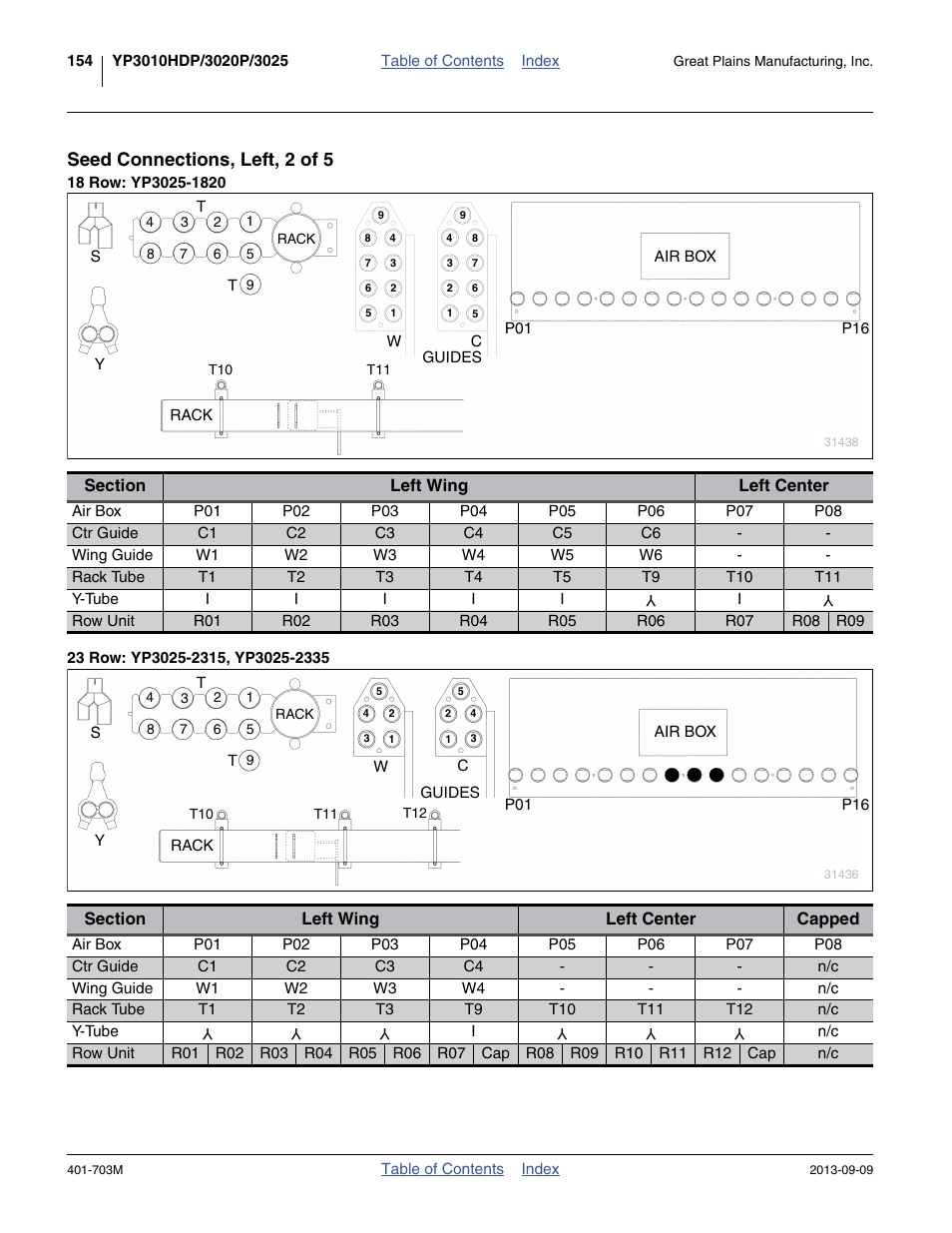 Seed connections, left, 2 of 5, 18 row: yp3025-1820, 23 row: yp3025-2315, yp3025-2335 | Great Plains YP3025 Operator Manual User Manual | Page 158 / 192