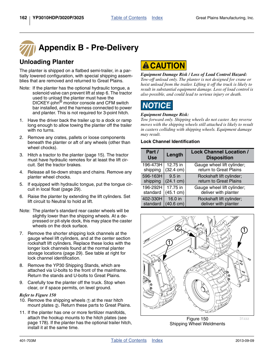 Appendix b - pre-delivery, Unloading planter, Lock channel identification | Great Plains YP3025 Operator Manual User Manual | Page 166 / 192