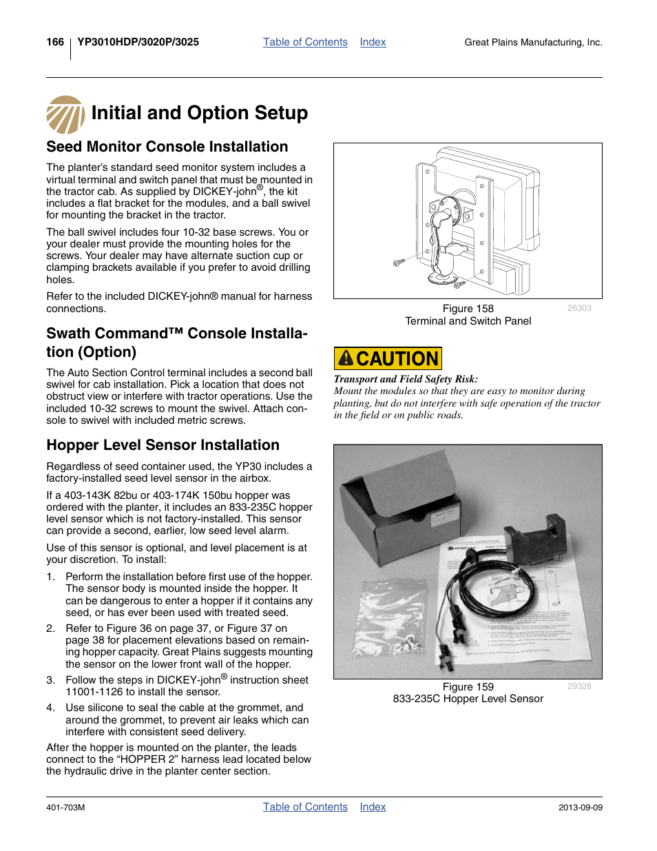 Initial and option setup, Seed monitor console installation, Swath command™ console installation (option) | Hopper level sensor installation, Er extension ( “initial and option setup, Swath command™ console installa- tion (option) | Great Plains YP3025 Operator Manual User Manual | Page 170 / 192