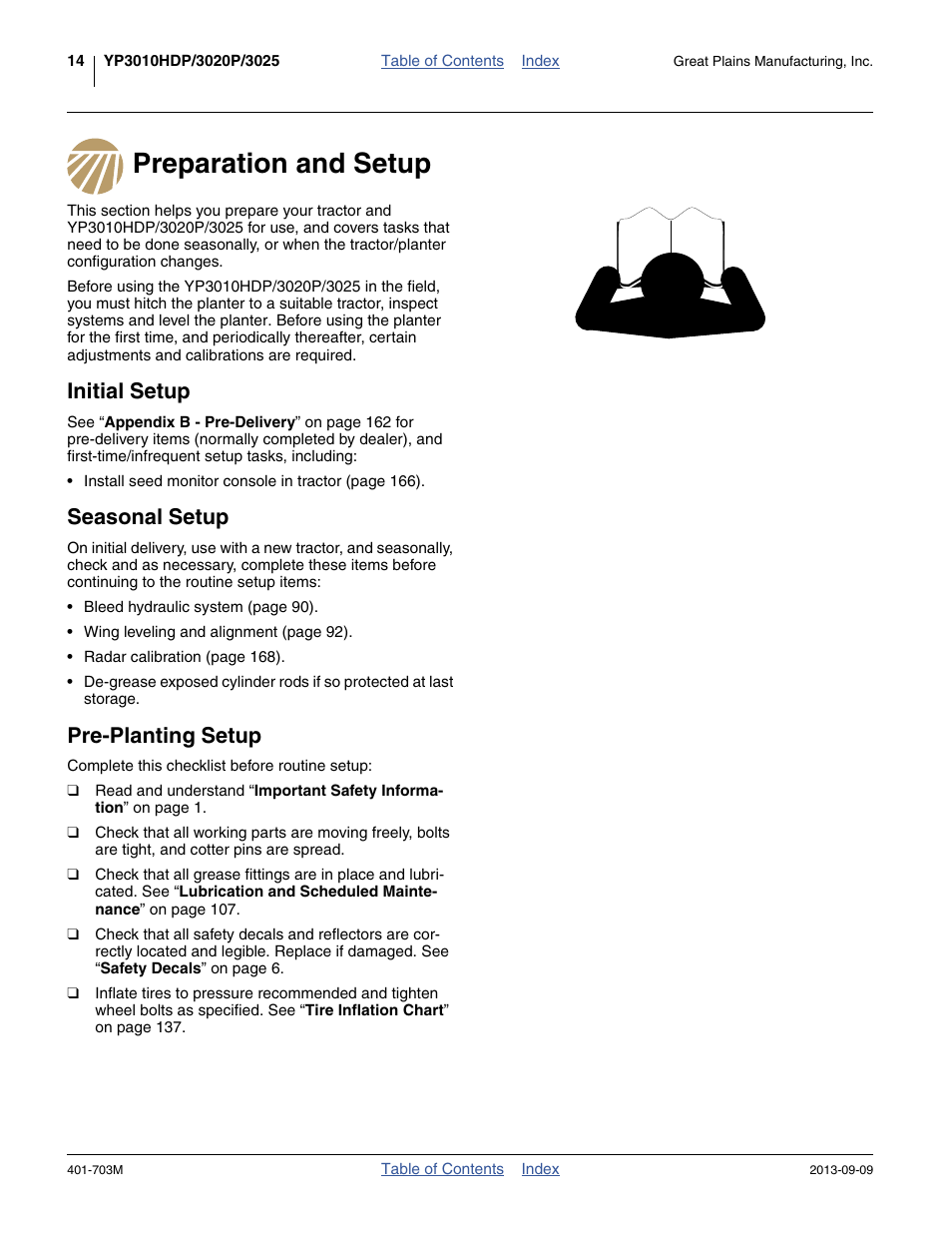 Preparation and setup, Initial setup, Seasonal setup | Pre-planting setup | Great Plains YP3025 Operator Manual User Manual | Page 18 / 192
