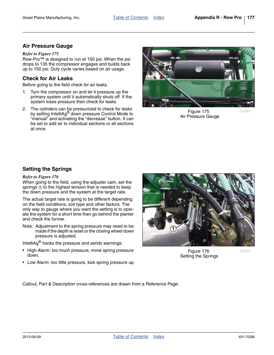 Air pressure gauge, Check for air leaks, Setting the springs | Great Plains YP3025 Operator Manual User Manual | Page 181 / 192
