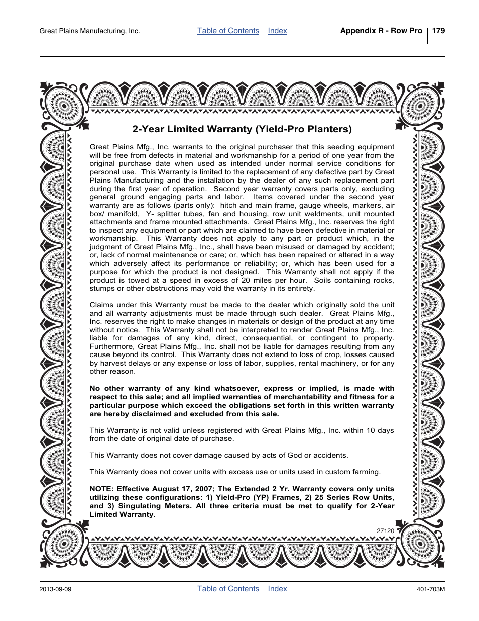 Warranty, Year limited warranty (yield-pro planters) | Great Plains YP3025 Operator Manual User Manual | Page 183 / 192
