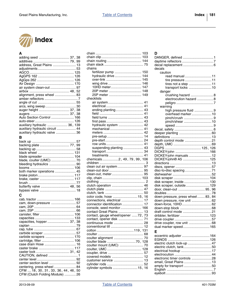 Index | Great Plains YP3025 Operator Manual User Manual | Page 185 / 192
