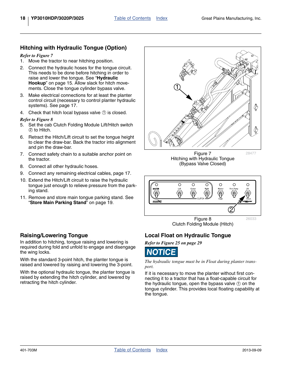 Hitching with hydraulic tongue (option), Raising/lowering tongue, Local float on hydraulic tongue | Great Plains YP3025 Operator Manual User Manual | Page 22 / 192