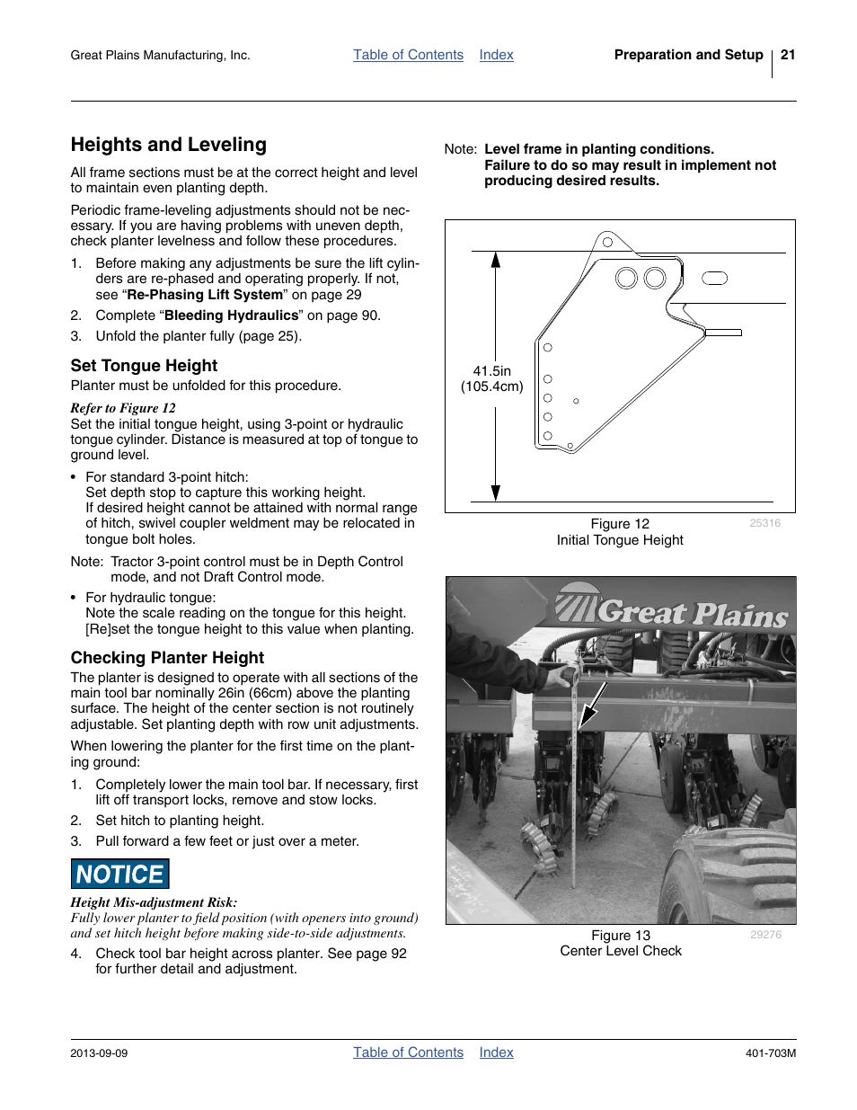 Heights and leveling, Set tongue height, Checking planter height | Set tongue height checking planter height | Great Plains YP3025 Operator Manual User Manual | Page 25 / 192