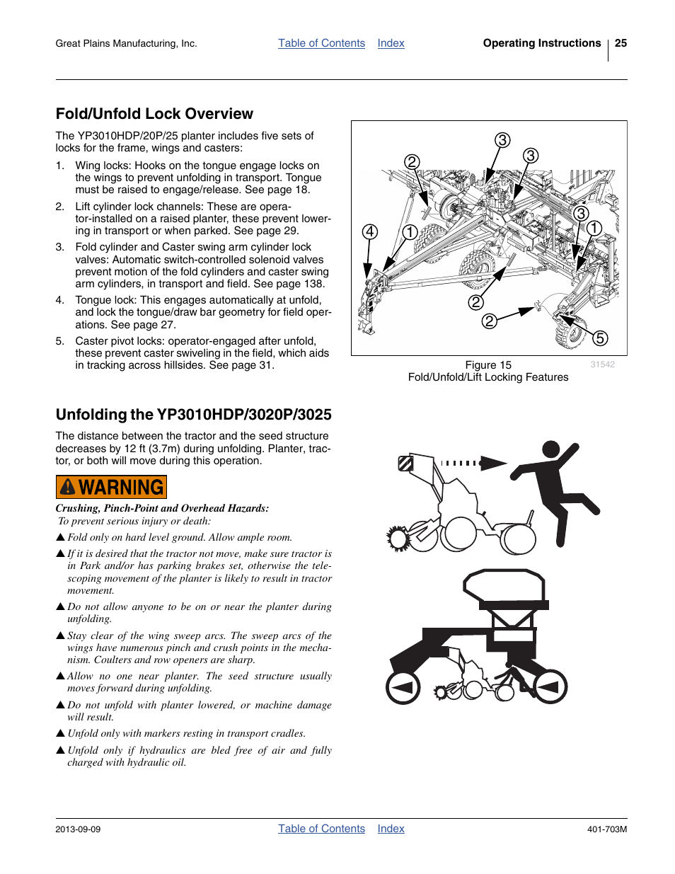 Fold/unfold lock overview, Unfolding the yp3010hdp/3020p/3025 | Great Plains YP3025 Operator Manual User Manual | Page 29 / 192