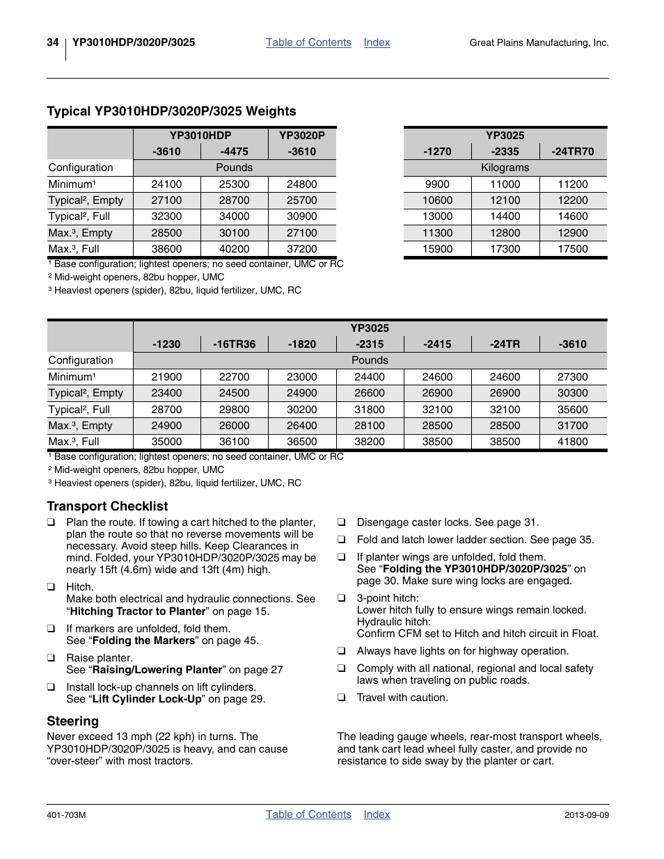 Typical yp3010hdp/3020p/3025 weights, Transport checklist, Steering | Great Plains YP3025 Operator Manual User Manual | Page 38 / 192
