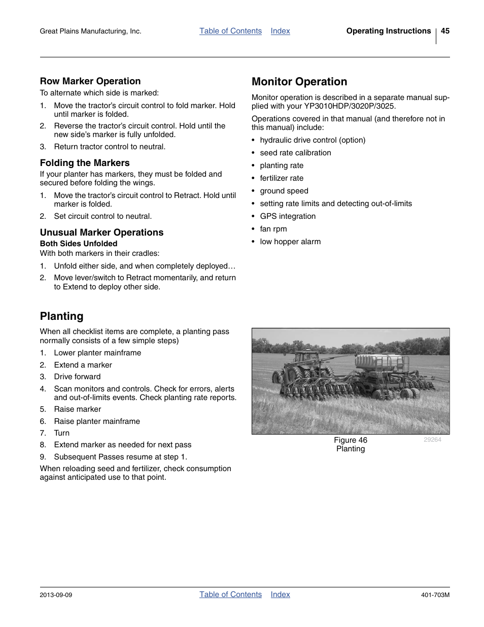 Row marker operation, Folding the markers, Unusual marker operations | Both sides unfolded, Monitor operation, Planting, Monitor operation planting | Great Plains YP3025 Operator Manual User Manual | Page 49 / 192