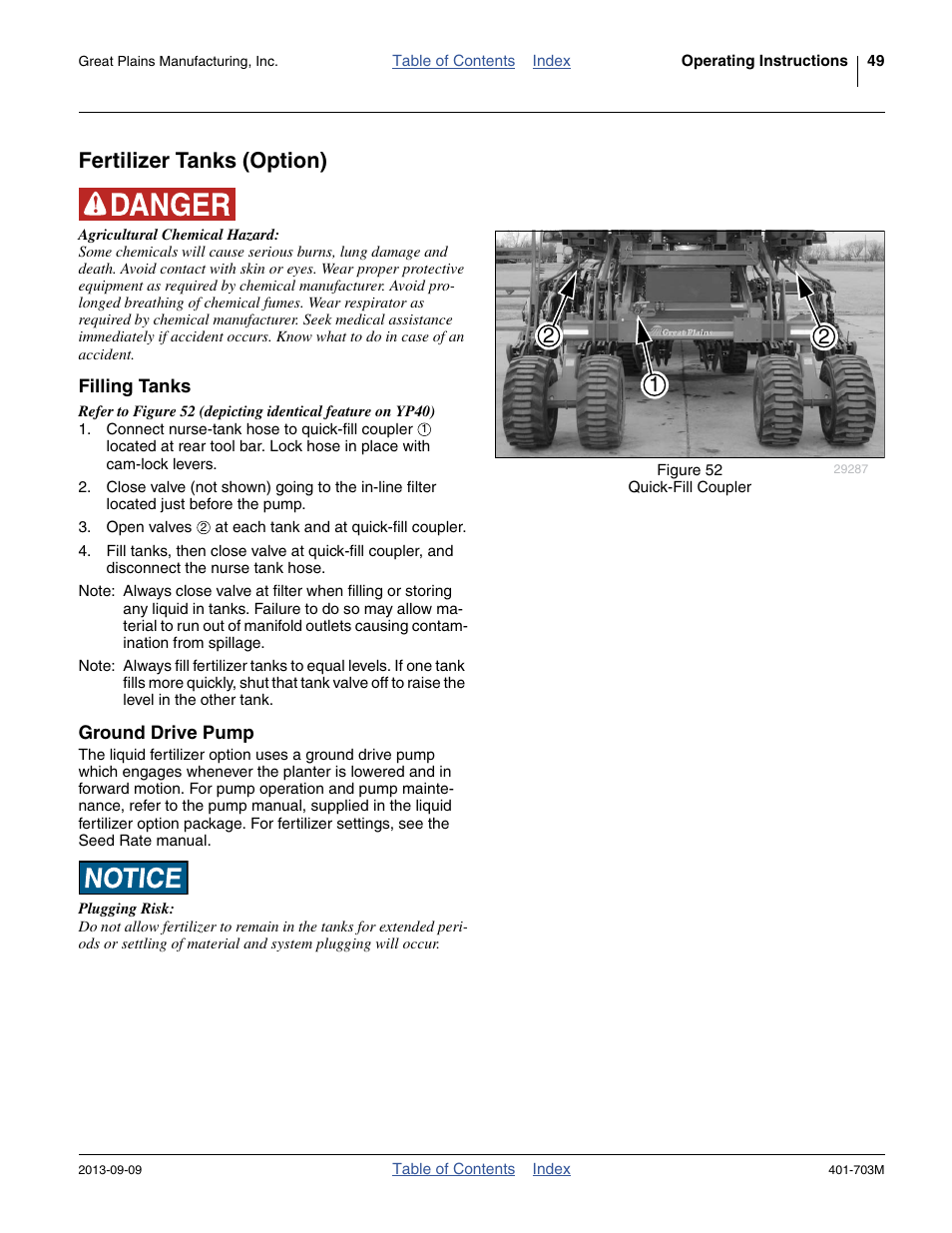 Fertilizer tanks (option), Filling tanks, Ground drive pump | Great Plains YP3025 Operator Manual User Manual | Page 53 / 192