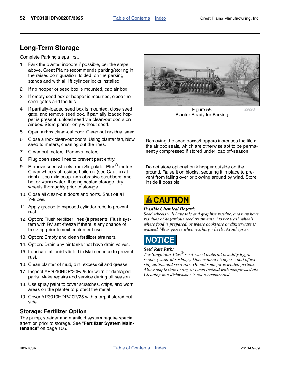 Long-term storage, Storage: fertilizer option | Great Plains YP3025 Operator Manual User Manual | Page 56 / 192