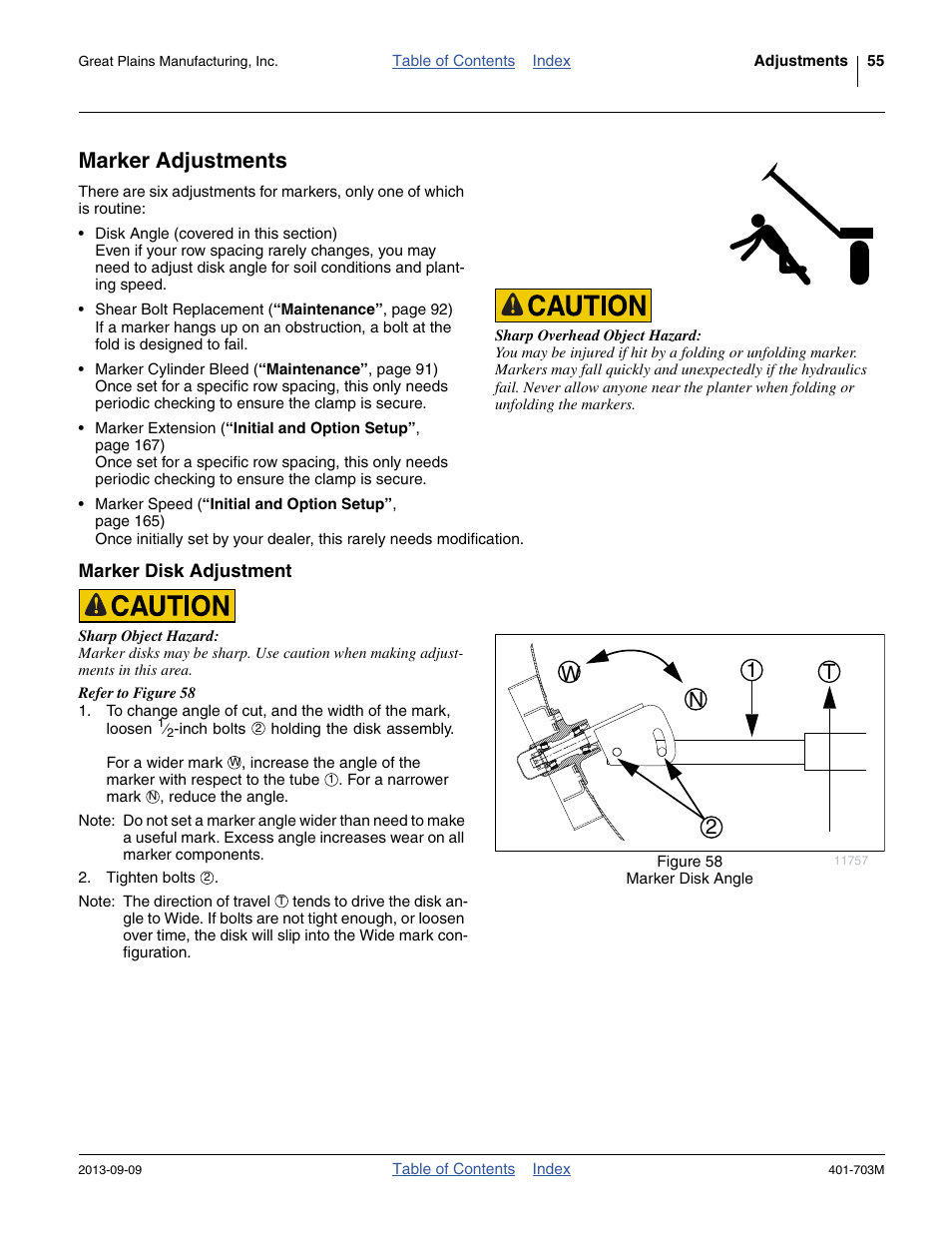 Marker adjustments, Marker disk adjustment, 21 n w t | Great Plains YP3025 Operator Manual User Manual | Page 59 / 192