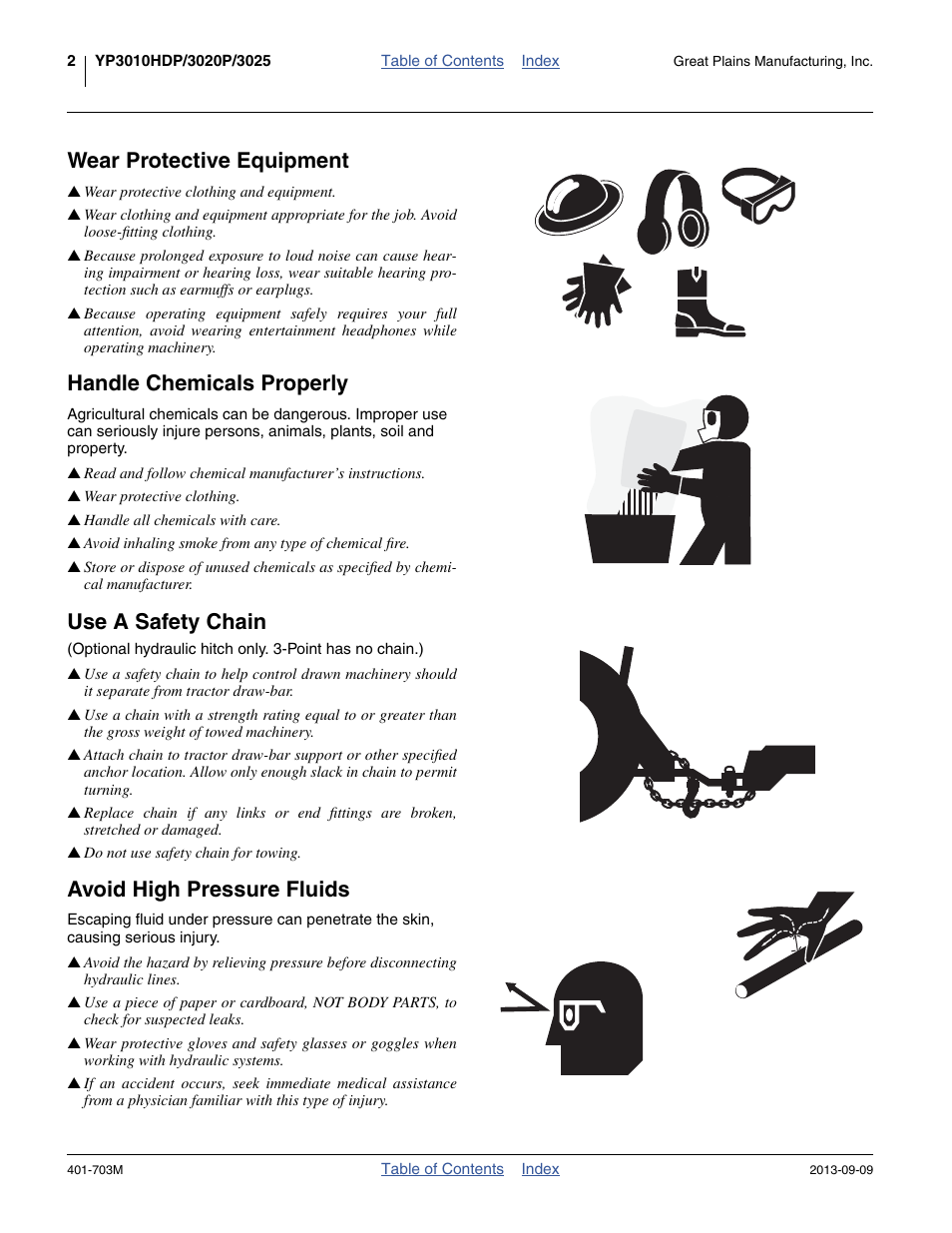 Wear protective equipment, Handle chemicals properly, Use a safety chain | Avoid high pressure fluids | Great Plains YP3025 Operator Manual User Manual | Page 6 / 192