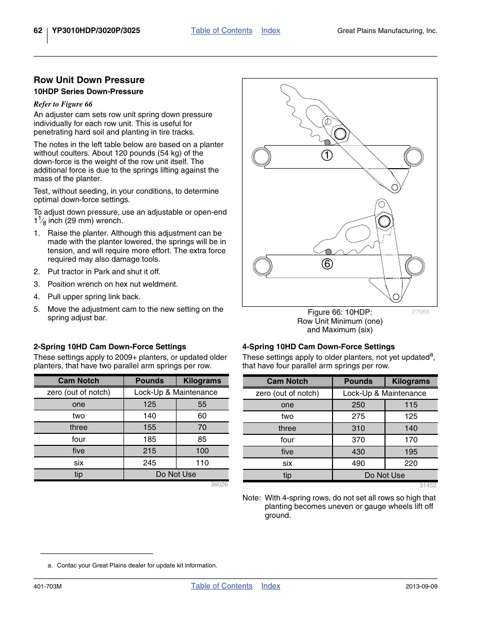 Row unit down pressure, 10hdp series down-pressure, Spring 10hd cam down-force settings | Great Plains YP3025 Operator Manual User Manual | Page 66 / 192