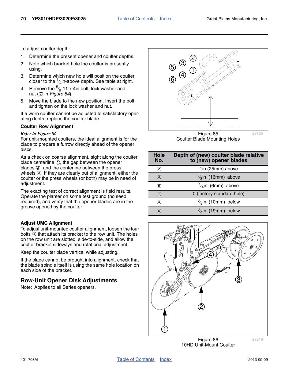 Coulter row alignment, Adjust umc alignment, Row-unit opener disk adjustments | Great Plains YP3025 Operator Manual User Manual | Page 74 / 192