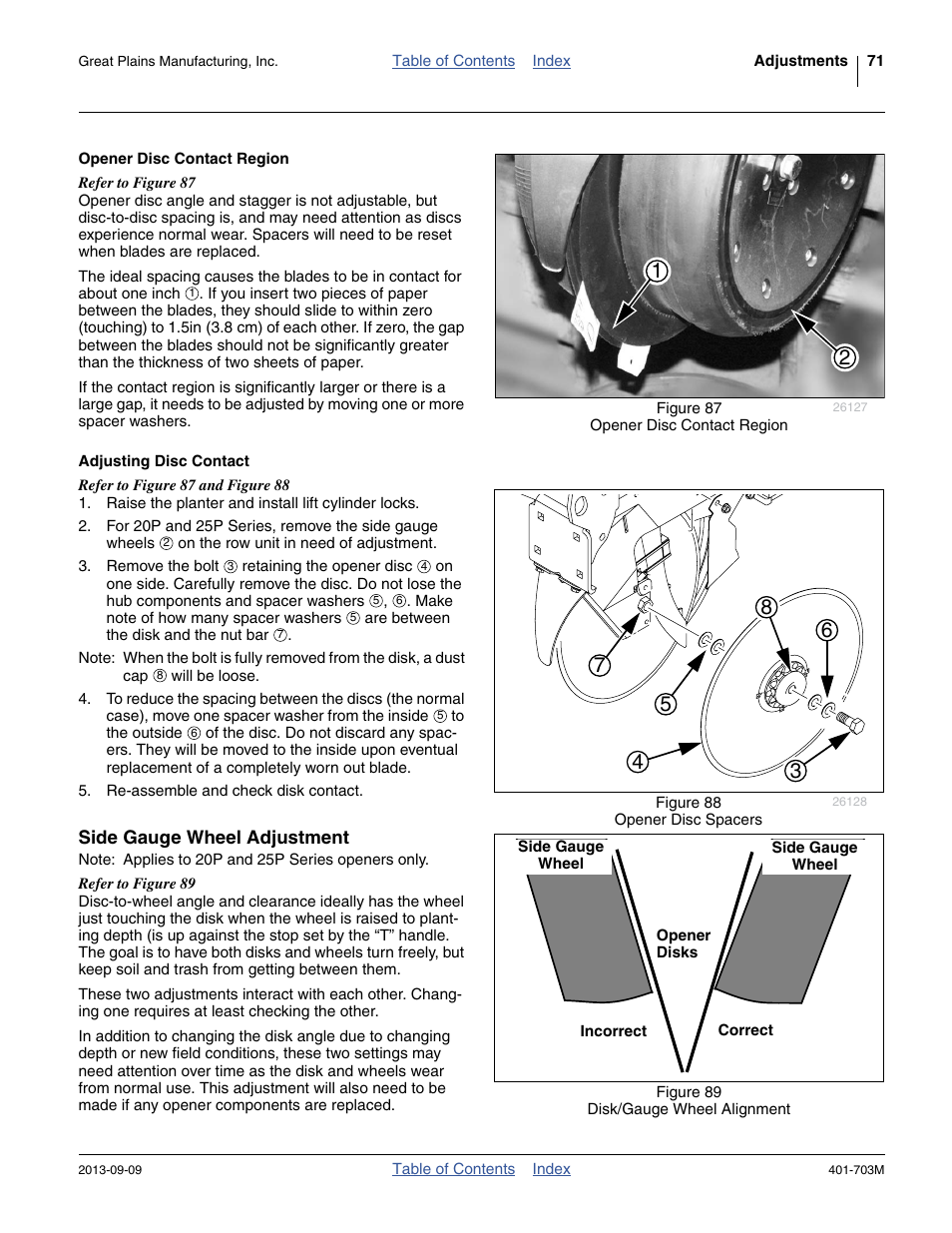 Opener disc contact region, Adjusting disc contact, Side gauge wheel adjustment | Opener disc contact region adjusting disc contact | Great Plains YP3025 Operator Manual User Manual | Page 75 / 192