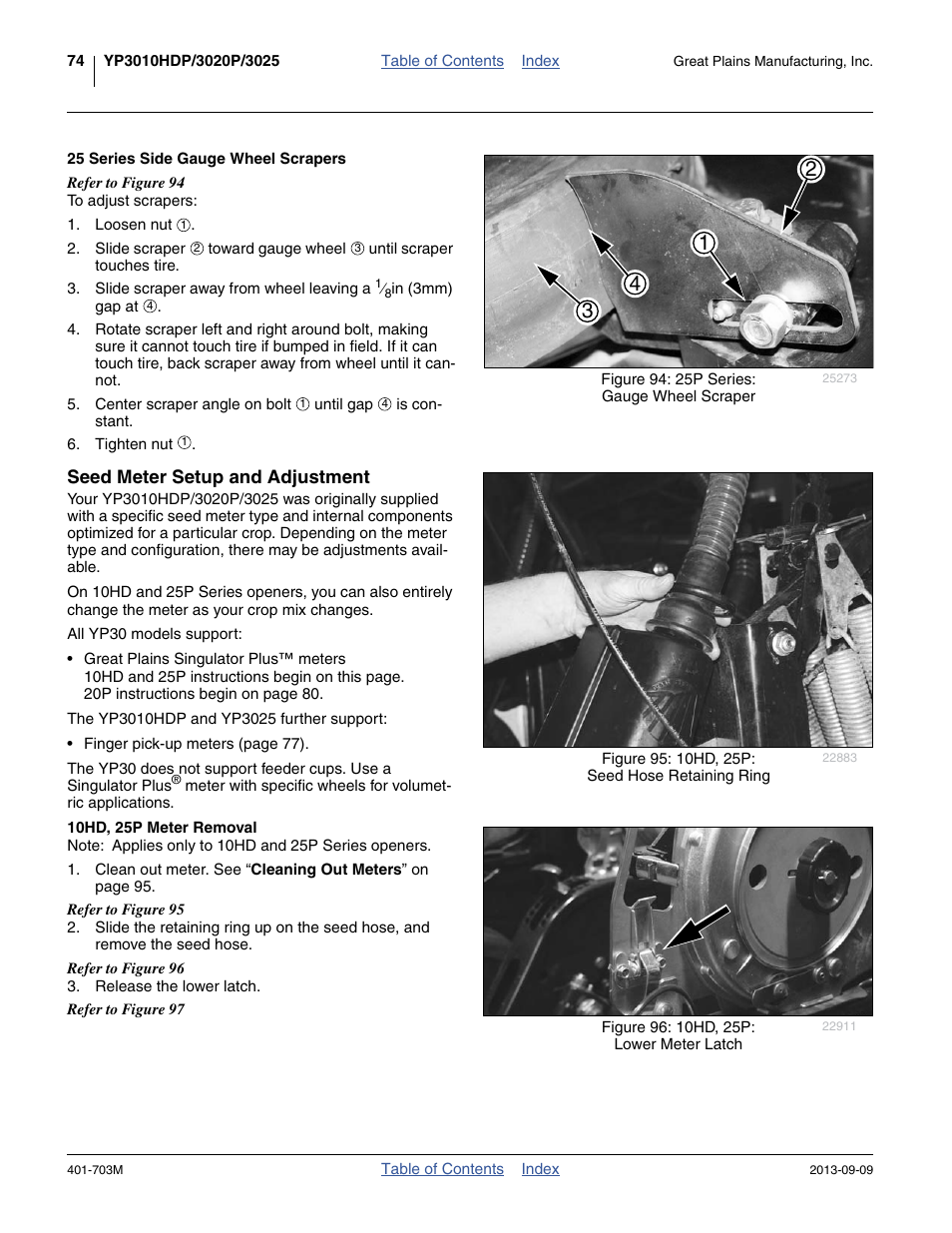 25 series side gauge wheel scrapers, Seed meter setup and adjustment, 10hd, 25p meter removal | Great Plains YP3025 Operator Manual User Manual | Page 78 / 192