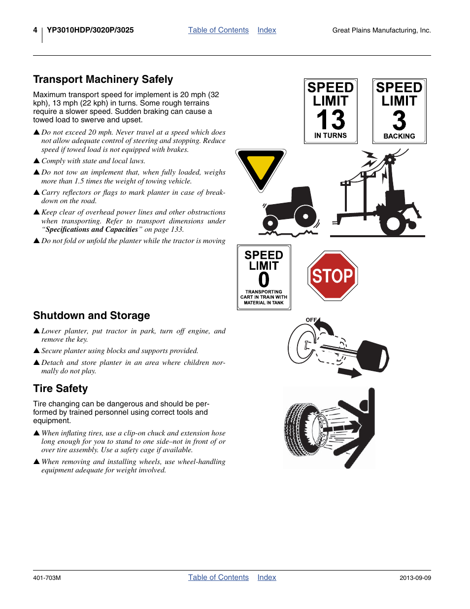 Transport machinery safely, Shutdown and storage, Tire safety | Great Plains YP3025 Operator Manual User Manual | Page 8 / 192