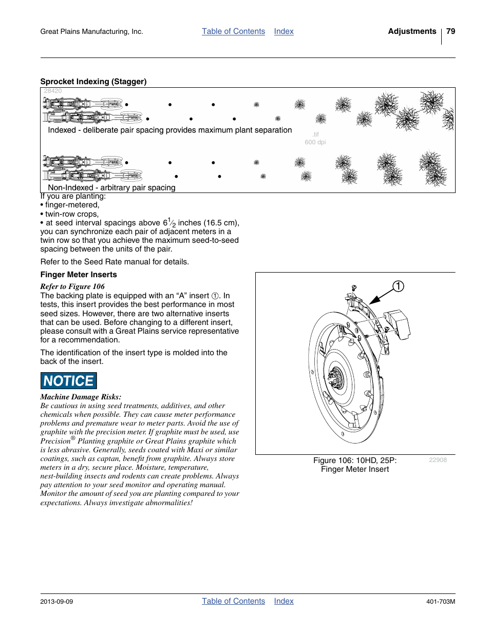 Sprocket indexing (stagger), Finger meter inserts, Sprocket indexing (stagger) finger meter inserts | Great Plains YP3025 Operator Manual User Manual | Page 83 / 192