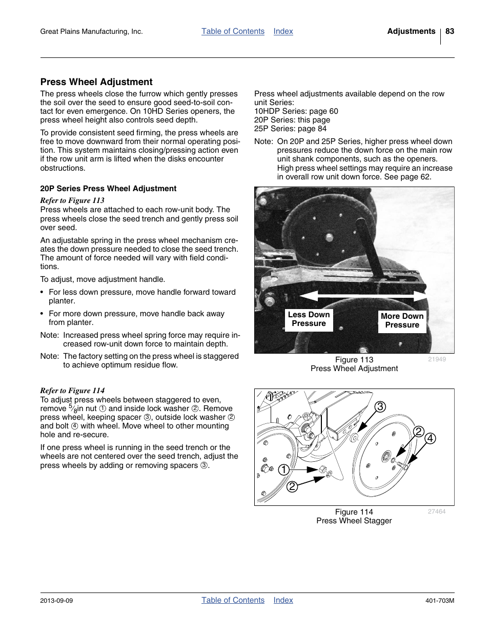 Press wheel adjustment, 20p series press wheel adjustment | Great Plains YP3025 Operator Manual User Manual | Page 87 / 192