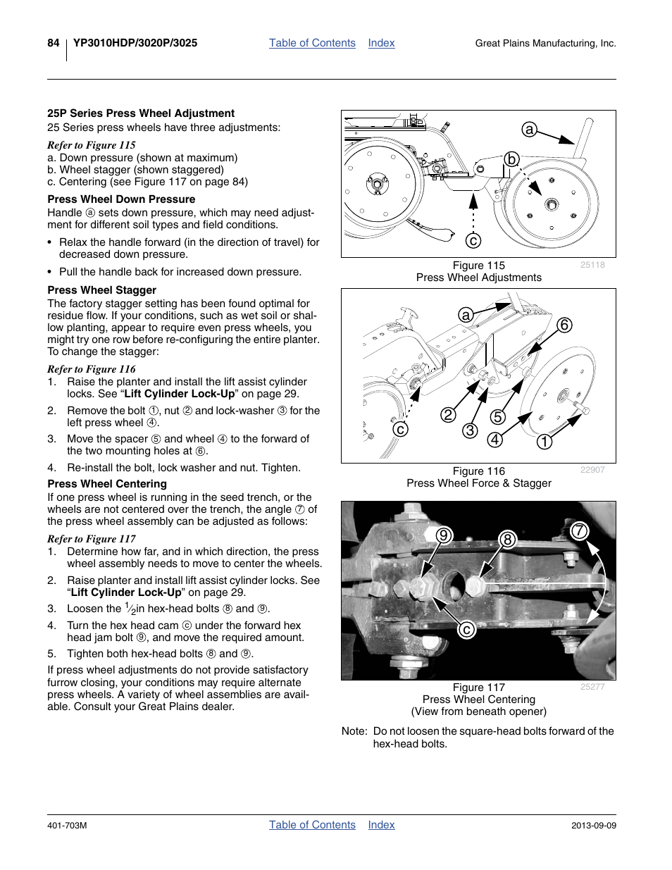 25p series press wheel adjustment, Press wheel down pressure, Press wheel stagger | Press wheel centering, Ac b, 98 7 c | Great Plains YP3025 Operator Manual User Manual | Page 88 / 192