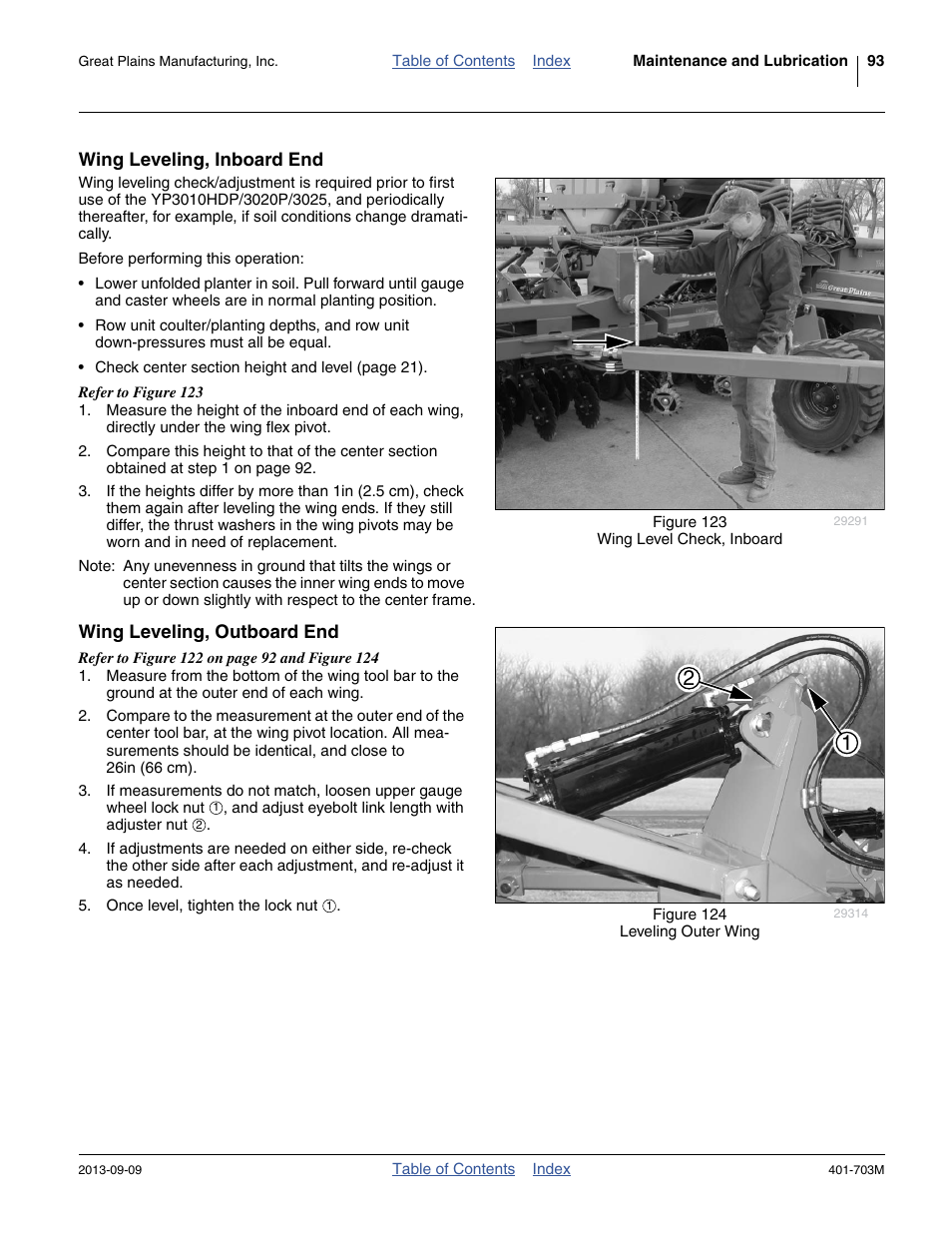 Wing leveling, inboard end, Wing leveling, outboard end | Great Plains YP3025 Operator Manual User Manual | Page 97 / 192