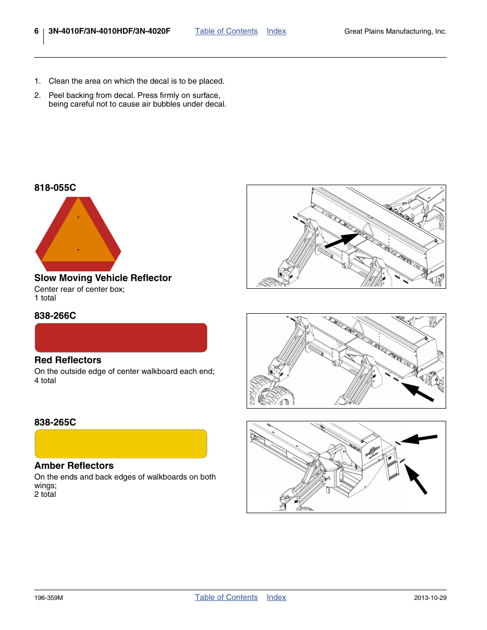 055c slow moving vehicle reflector, 266c red reflectors, 265c amber reflectors | Great Plains 3N-4020 Operator Manual User Manual | Page 10 / 142