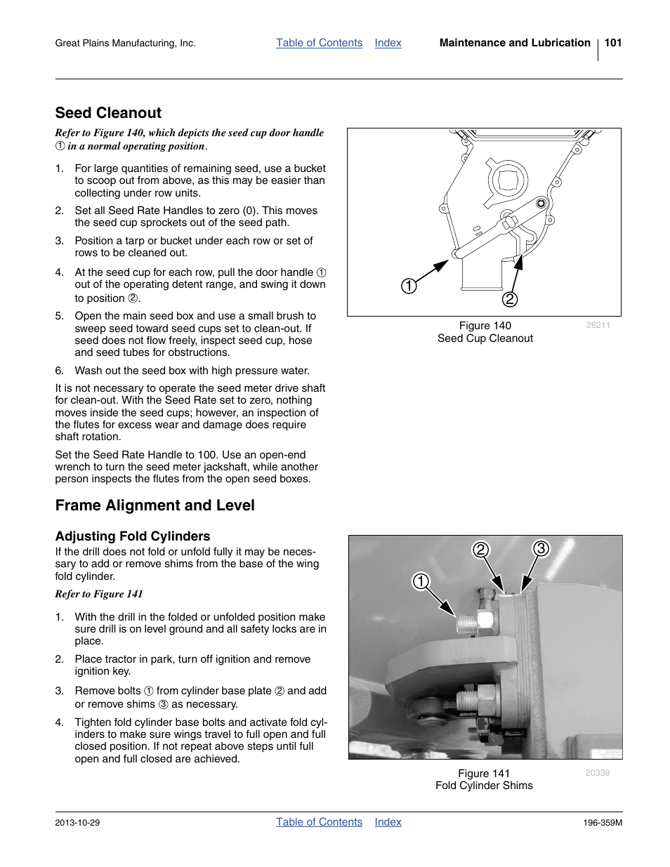 Seed cleanout, Frame alignment and level, Adjusting fold cylinders | Seed cleanout frame alignment and level | Great Plains 3N-4020 Operator Manual User Manual | Page 105 / 142
