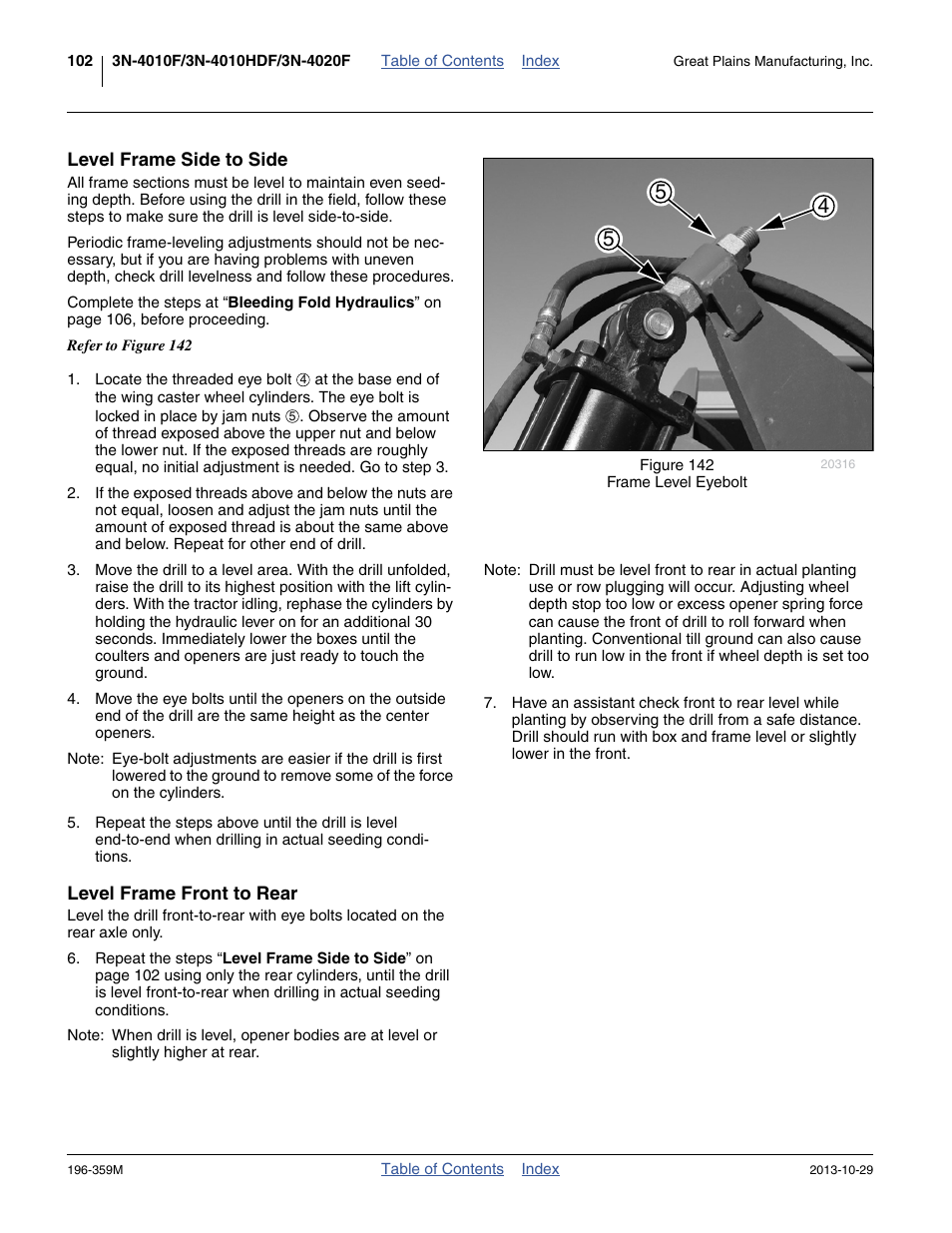 Level frame side to side, Level frame front to rear, Level frame side to side level frame front to rear | Great Plains 3N-4020 Operator Manual User Manual | Page 106 / 142