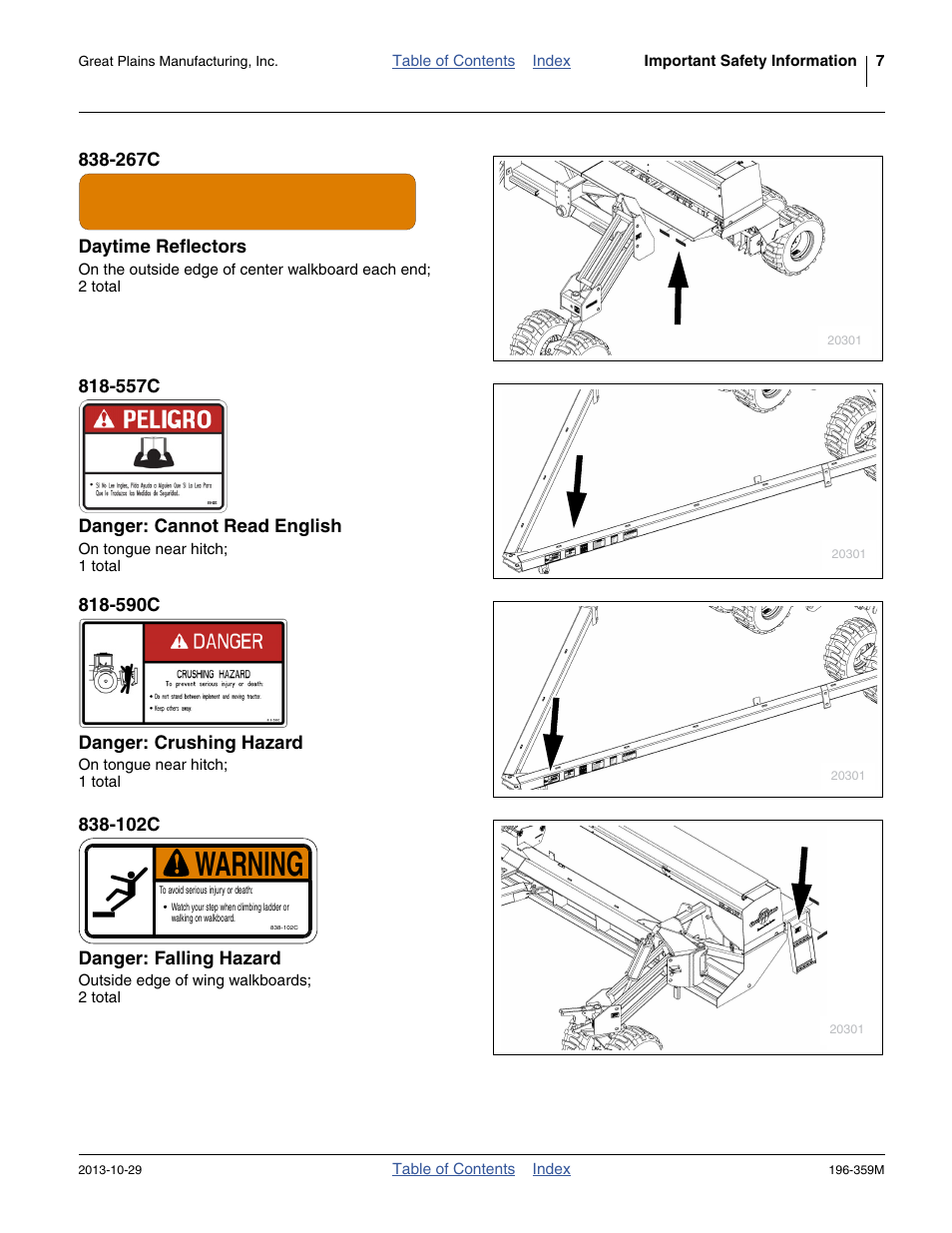 267c daytime reflectors, 557c danger: cannot read english, 590c danger: crushing hazard | 102c danger: falling hazard, Warning | Great Plains 3N-4020 Operator Manual User Manual | Page 11 / 142