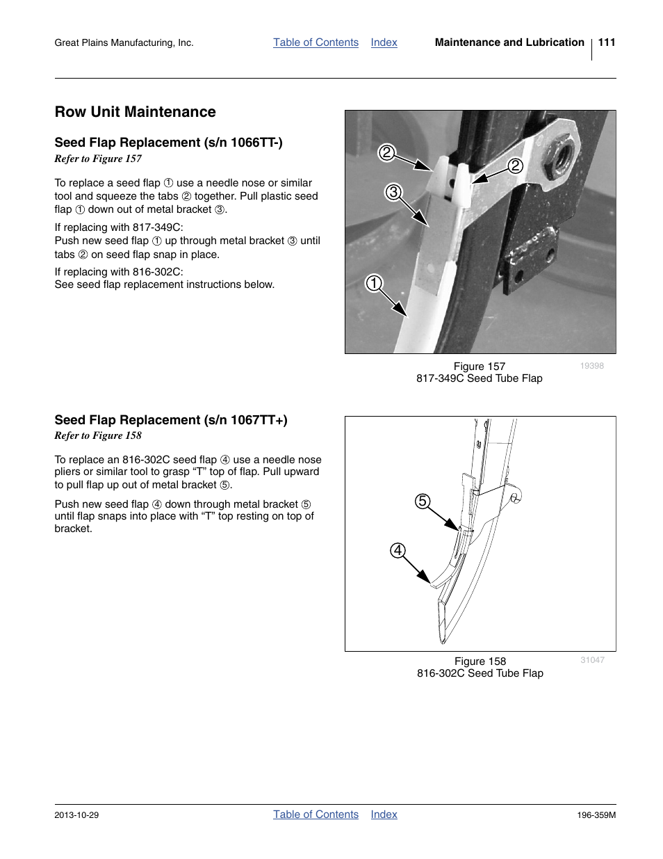 Row unit maintenance, Seed flap replacement (s/n 1066tt-), Seed flap replacement (s/n 1067tt+) | Great Plains 3N-4020 Operator Manual User Manual | Page 115 / 142