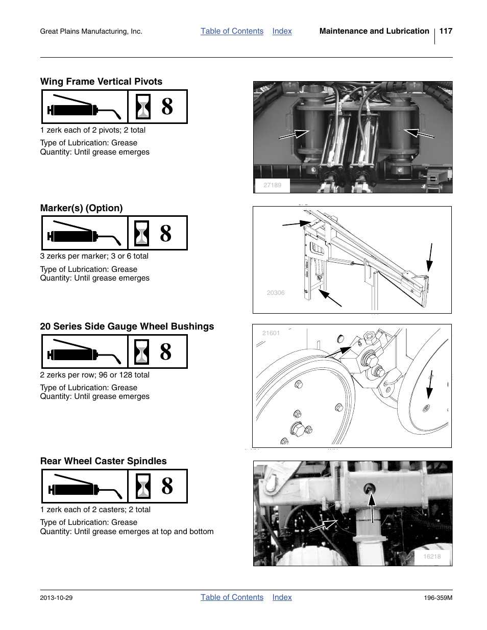 Wing frame vertical pivots, Marker(s) (option), 20 series side gauge wheel bushings | Rear wheel caster spindles | Great Plains 3N-4020 Operator Manual User Manual | Page 121 / 142