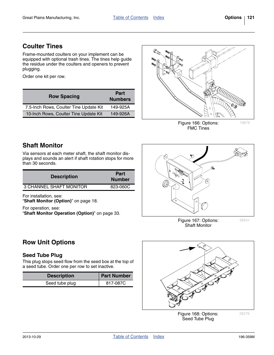 Coulter tines, Shaft monitor, Row unit options | Seed tube plug, Coulter tines shaft monitor row unit options | Great Plains 3N-4020 Operator Manual User Manual | Page 125 / 142