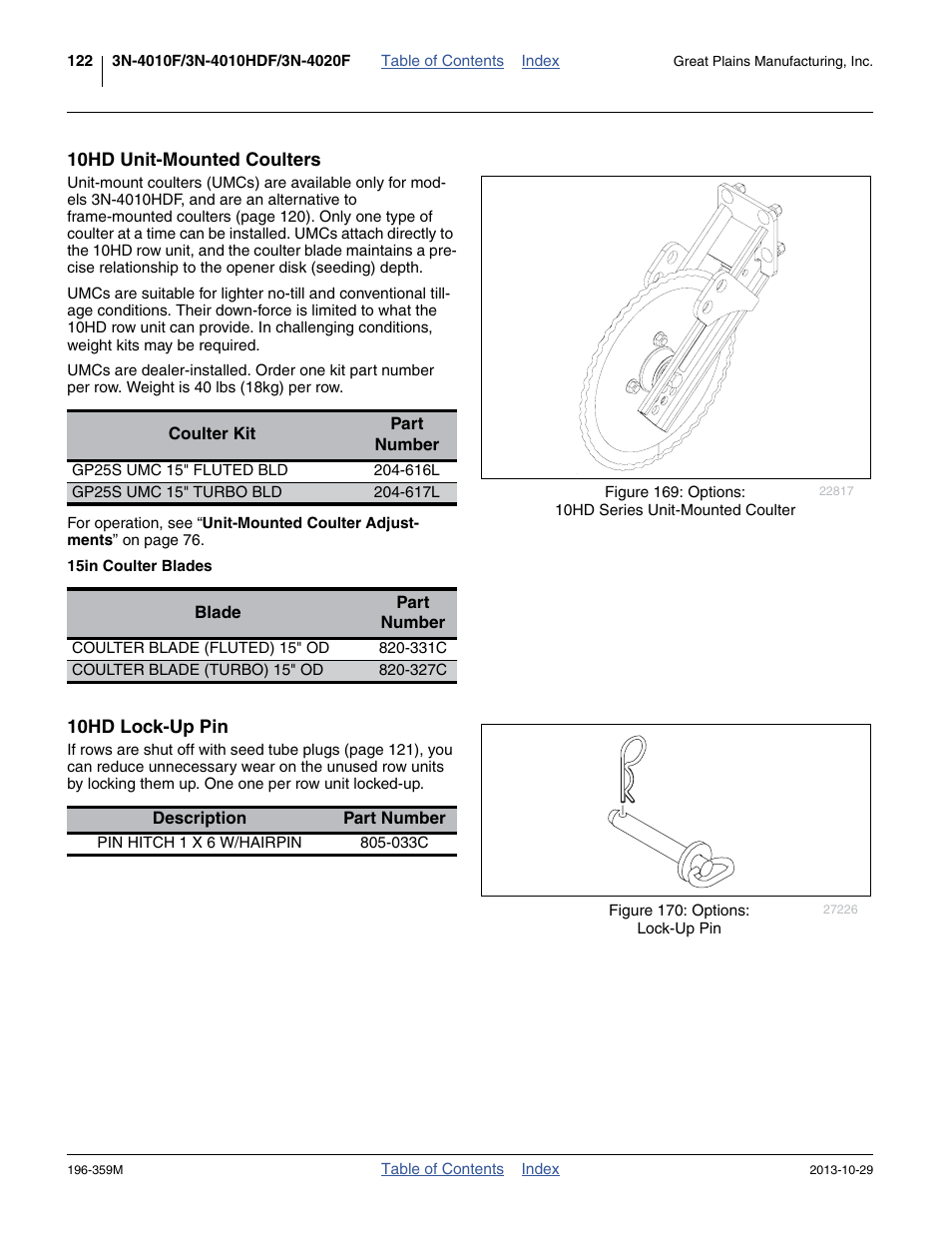 10hd unit-mounted coulters, 15in coulter blades, 10hd lock-up pin | Great Plains 3N-4020 Operator Manual User Manual | Page 126 / 142