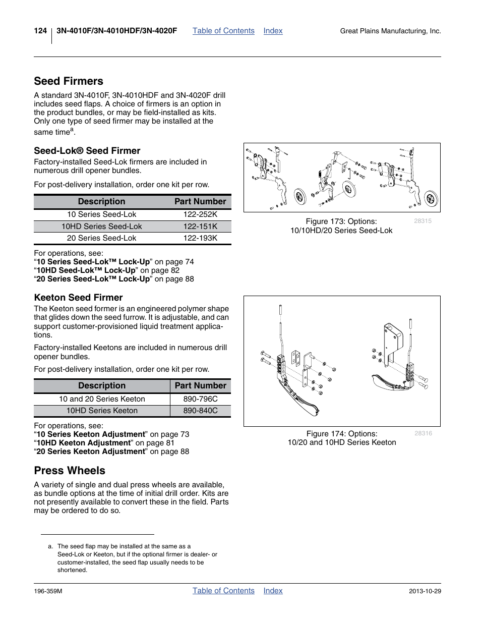 Seed firmers, Seed-lok® seed firmer, Keeton seed firmer | Press wheels, Seed-lok® seed firmer keeton seed firmer | Great Plains 3N-4020 Operator Manual User Manual | Page 128 / 142