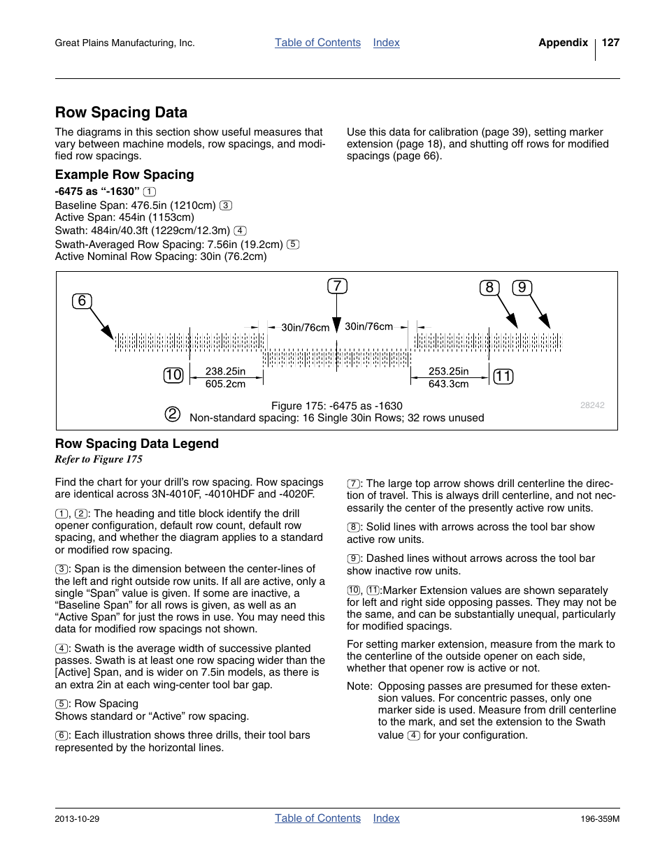 Row spacing data, Example row spacing, 6475 as “-1630 | Row spacing data legend | Great Plains 3N-4020 Operator Manual User Manual | Page 131 / 142