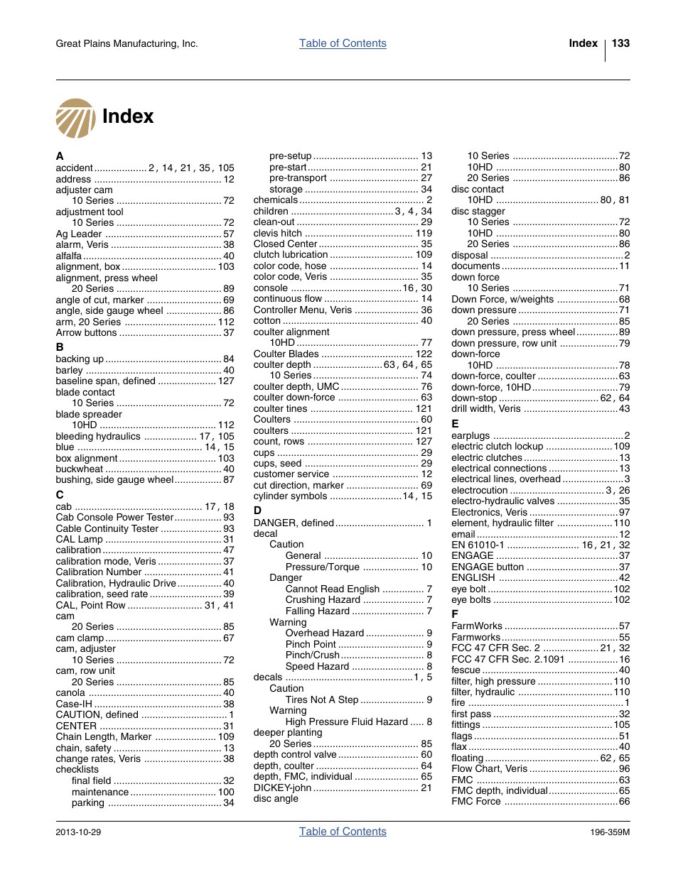 Index | Great Plains 3N-4020 Operator Manual User Manual | Page 137 / 142