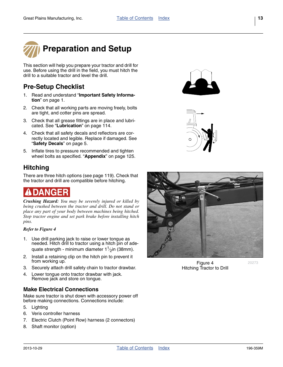 Preparation and setup, Pre-setup checklist, Hitching | Make electrical connections, Preparation and setup pre-setup checklist hitching | Great Plains 3N-4020 Operator Manual User Manual | Page 17 / 142