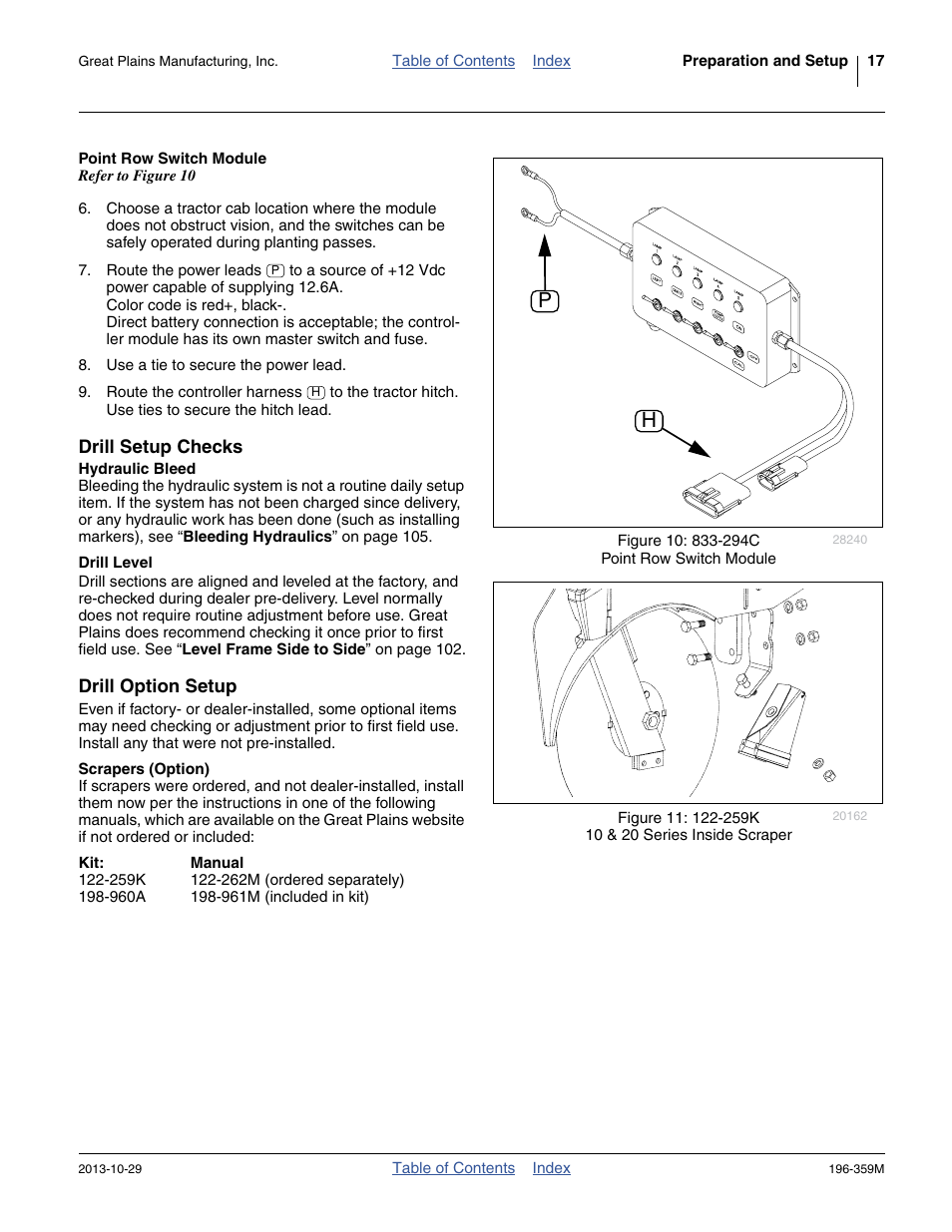 Point row switch module, Drill setup checks, Hydraulic bleed | Drill level, Drill option setup, Scrapers (option), Hydraulic bleed drill level | Great Plains 3N-4020 Operator Manual User Manual | Page 21 / 142