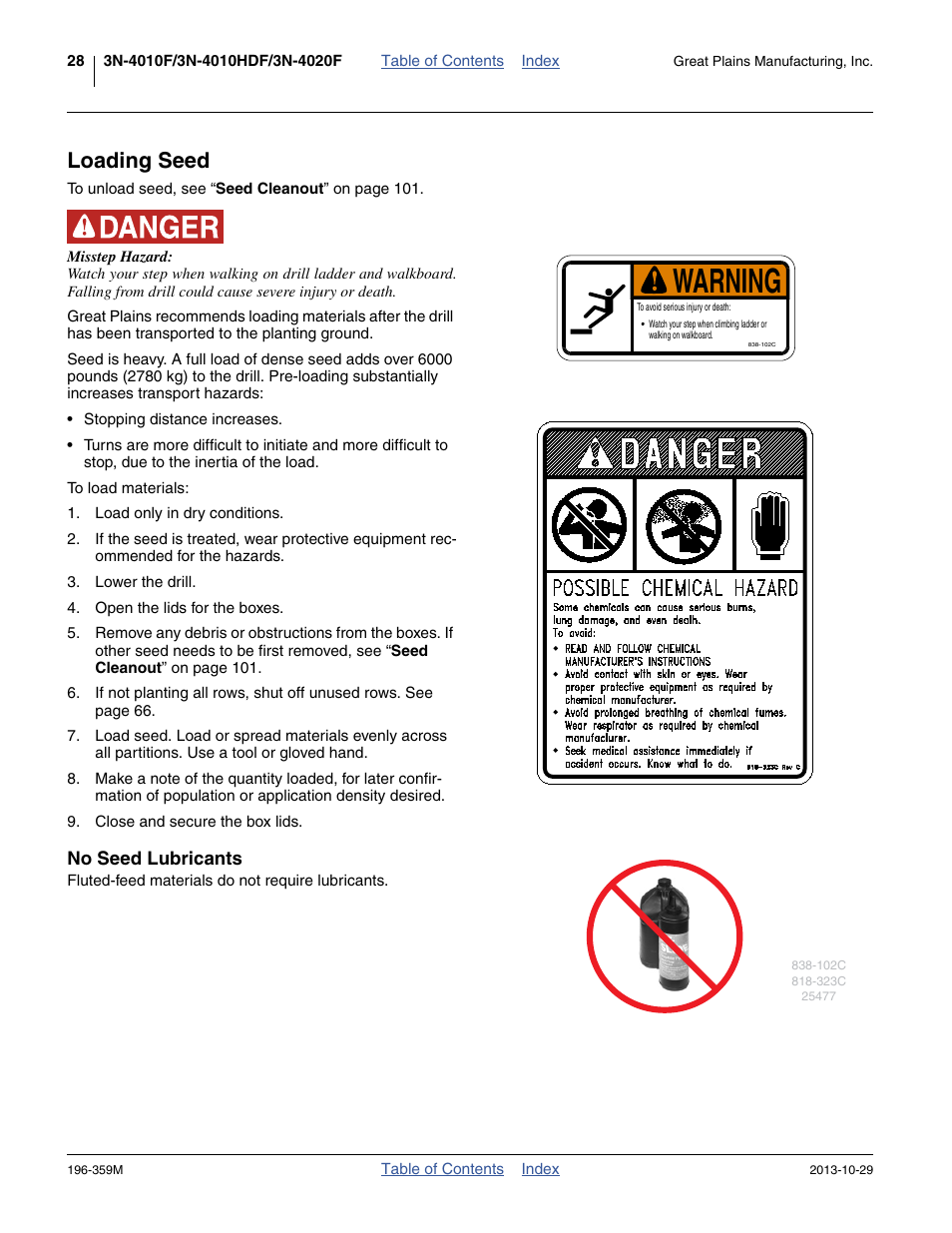 Loading seed, No seed lubricants, Warning | Great Plains 3N-4020 Operator Manual User Manual | Page 32 / 142
