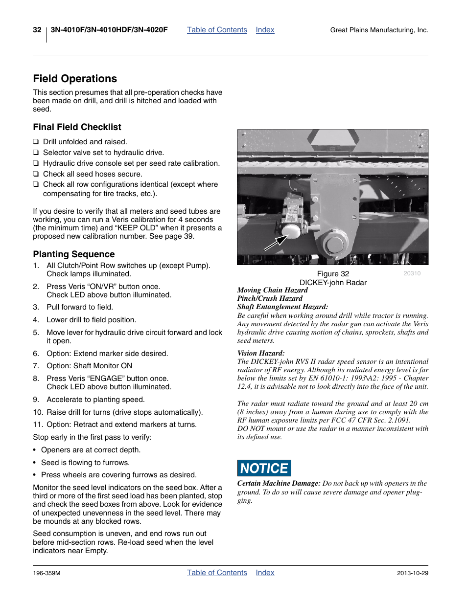 Field operations, Final field checklist, Planting sequence | Final field checklist planting sequence | Great Plains 3N-4020 Operator Manual User Manual | Page 36 / 142