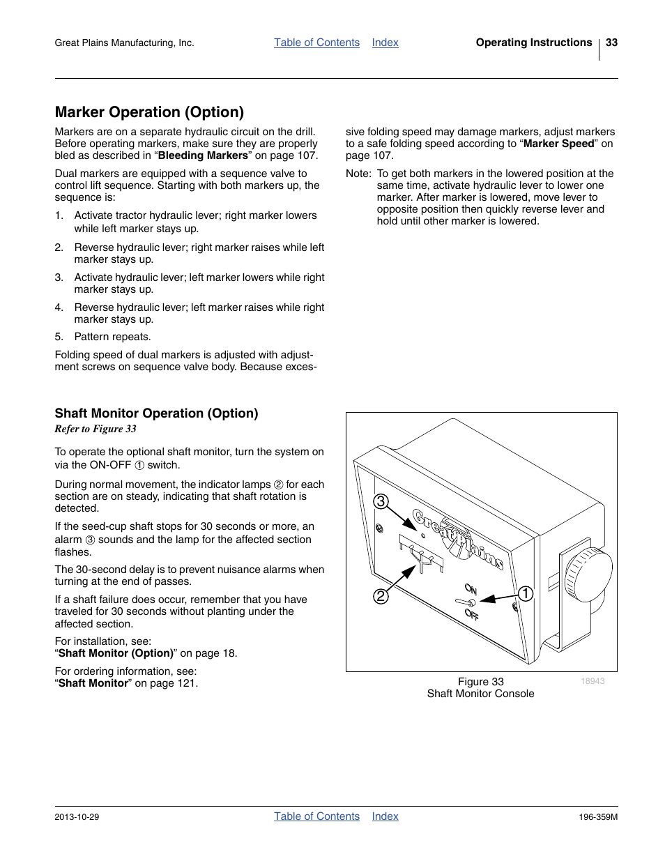Marker operation (option), Shaft monitor operation (option) | Great Plains 3N-4020 Operator Manual User Manual | Page 37 / 142