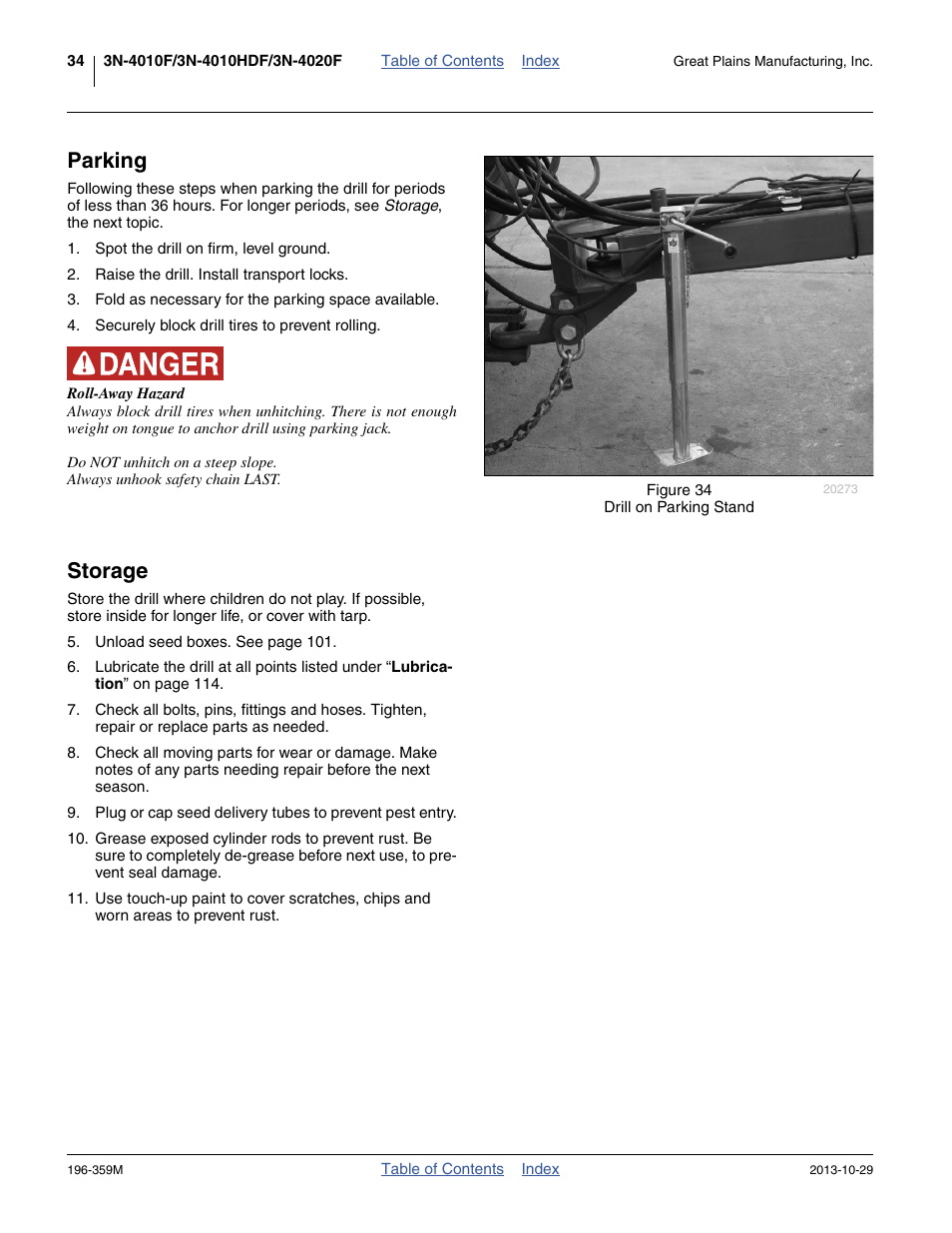 Parking, Storage, Parking storage | Great Plains 3N-4020 Operator Manual User Manual | Page 38 / 142