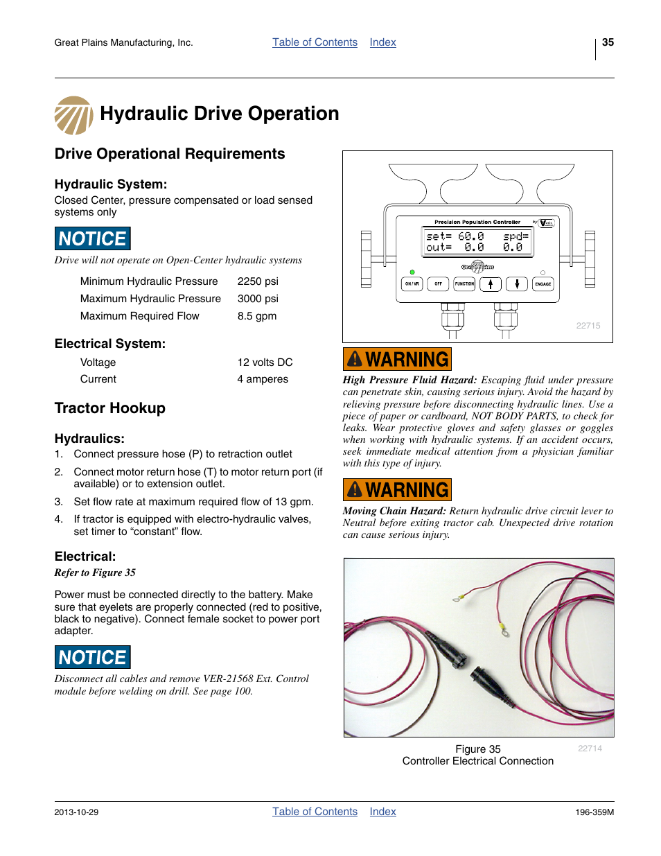 Hydraulic drive operation, Drive operational requirements, Hydraulic system | Electrical system, Tractor hookup, Hydraulics, Electrical, Hydraulic system: electrical system, Hydraulics: electrical | Great Plains 3N-4020 Operator Manual User Manual | Page 39 / 142