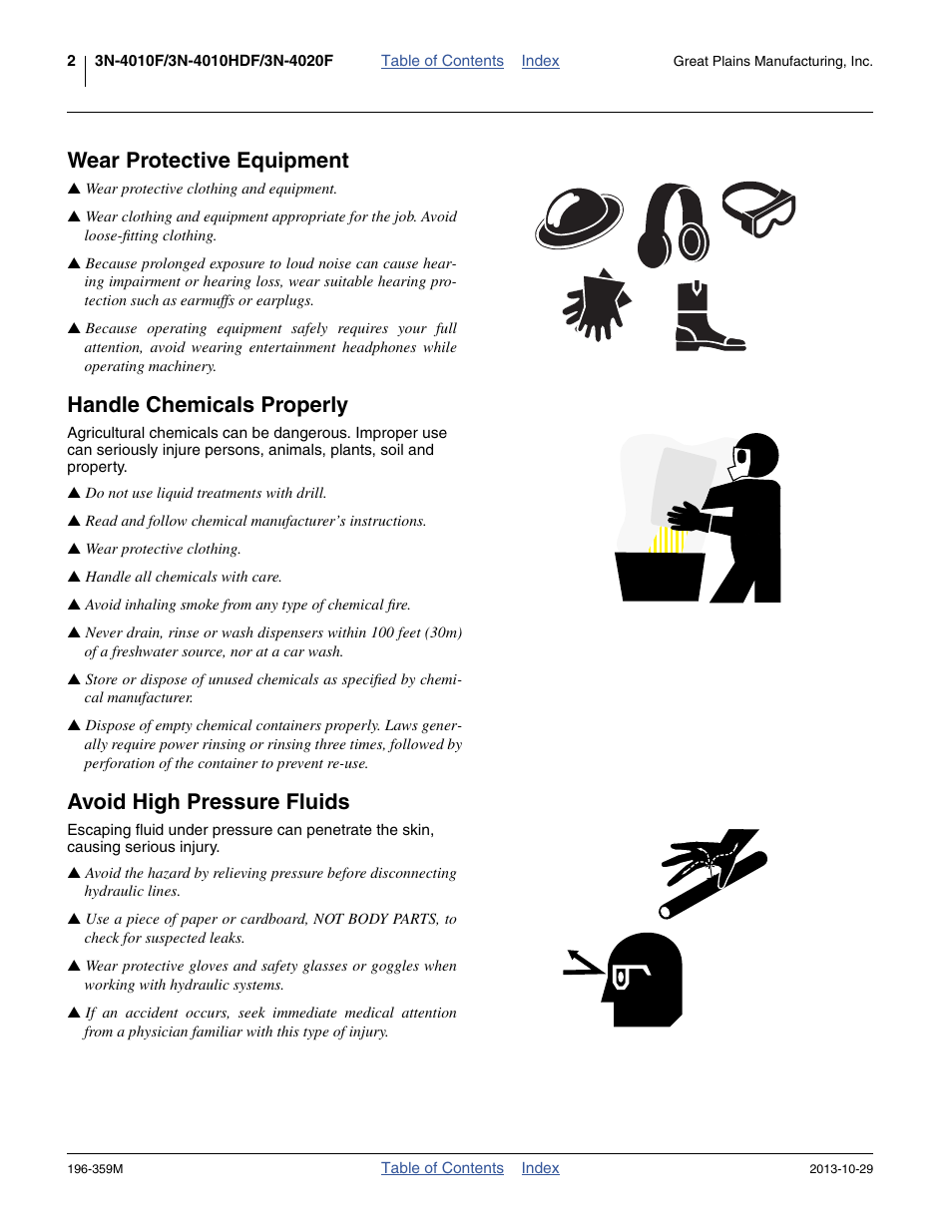 Wear protective equipment, Handle chemicals properly, Avoid high pressure fluids | Great Plains 3N-4020 Operator Manual User Manual | Page 6 / 142