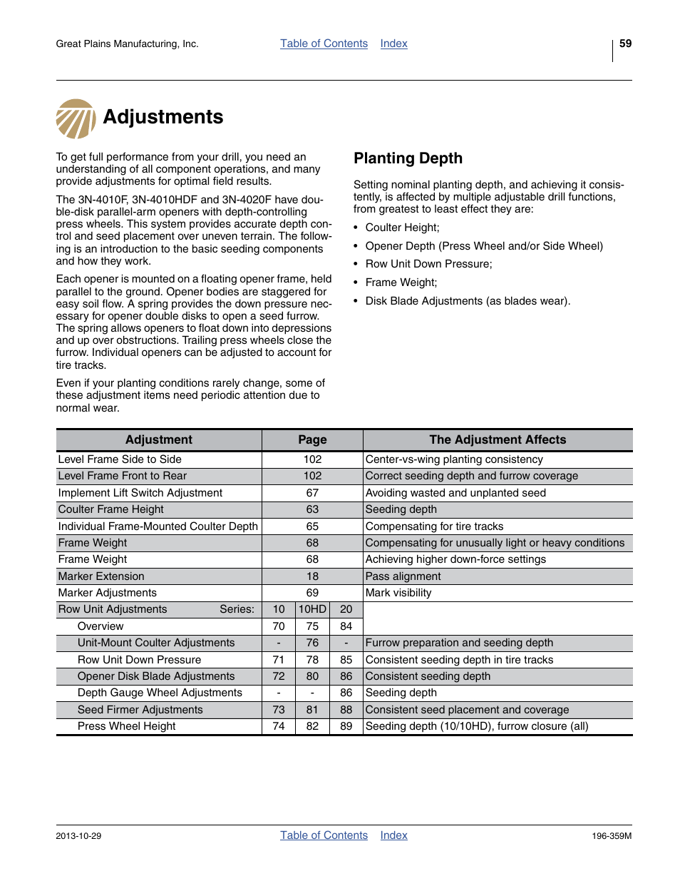 Adjustments, Planting depth, Adjustments planting depth | Great Plains 3N-4020 Operator Manual User Manual | Page 63 / 142